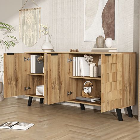 Aparador de diseño moderno 160,5 x 35,5 x 78 cm con 4 puertas, color natural (1/5)