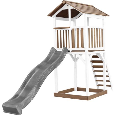 AXI Beach Tower Aire de Jeux avec Toboggan en Gris & Bac à Sable Grande Maison enfant extérieur en marron & Blanc Cabane de Jeu en Bois FSC