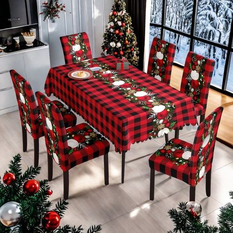[JAMAIS UTILISÉ]Nappe imperméable avec motif de Noël, housses de chaise à motif pour salle à manger, ensemble décoratif pour table et chaises de Noël (1/5)
