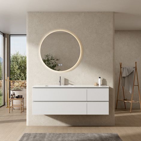 Mobile bagno sospeso 140 cm Bianco Lavabo a Sinistra in Resina Specchio Tondo Retroilluminato - Fiji Wood (1/4)