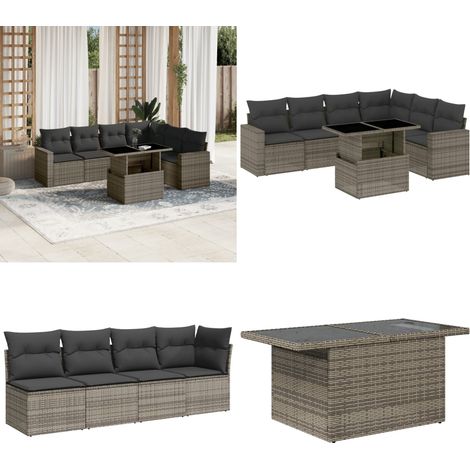Salon de jardin avec coussins 7 pcs gris résine tressée - Ensemble Salon De Jardin - Meuble Extérieur - Jardin Design - Mobilier Résistant Aux Intempéries - Chaise Lounge - Home & Living (1/5)