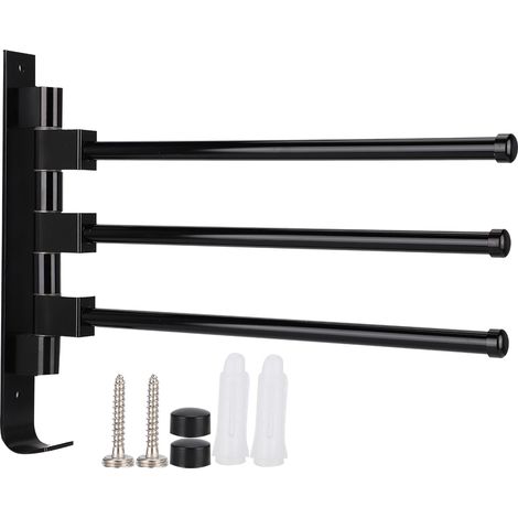 Porte-serviettes mural en aluminium noir 3 tiges escamotable pour salle de bain hôtel maison, rangement mural réglable