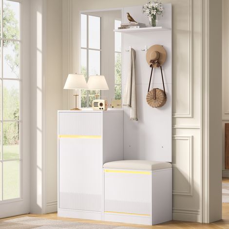 Flurgarderobe mit Sitzbank, Spiegel, Schuhschrank und Per App Einstellbarer LED-Beleuchtung, MDF, Weiß (1/5)