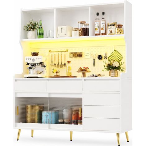 Armoire haute de rangement LED à portes coulissantes, façade en verre strié, structure MDF et métal, 145 x 39 x 171 cm, blanc - CHICFURN (1/5)