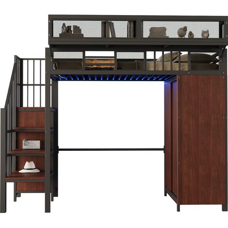 Lit mezzanine en métal 90 × 200 cm avec armoire, échelle de sécurité, éclairage LED, garde-corps en treillis métallique et étagères amovibles, noir (1/5)
