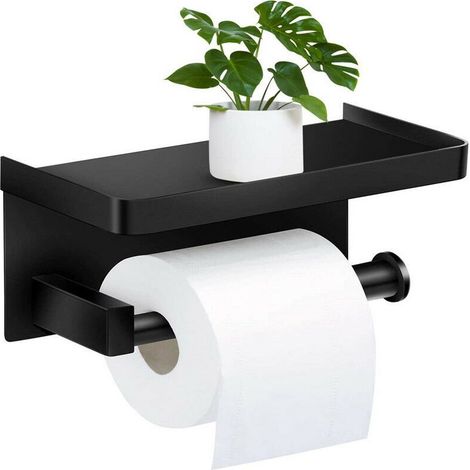 Porte-papier toilette mural sans perçage – Acier inoxydable SUS304 brossé – Support avec étagère – Noir moderne pour salle de bain et cuisine (1/5)