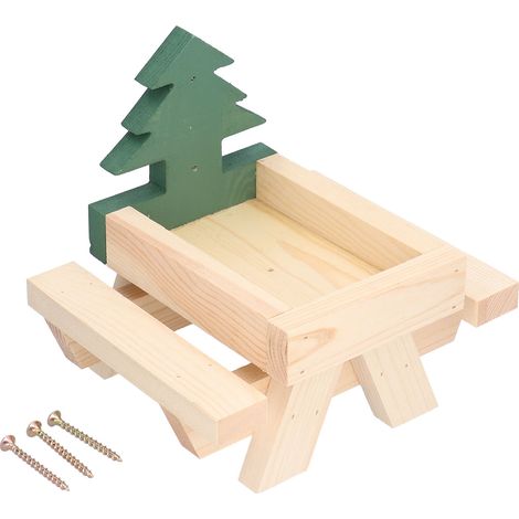 Table de pique-nique en bois avec mangeoire à écureuils et porte-épis de maïs pour l'extérieur (1/5)