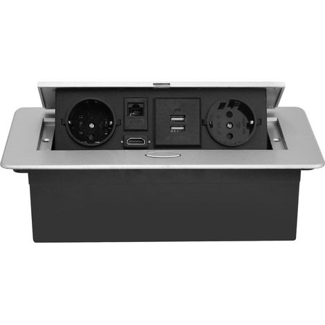 Bloc Multiprise Escamotable pour Encastrer au Bureau,Aluminium Prise Encastrable Plan de Travail 2 Prises et 2 USB A,Interface Réseau HDMI TD,Multiprise Electrique pour Cuisines,1.8M Câble (1/5)
