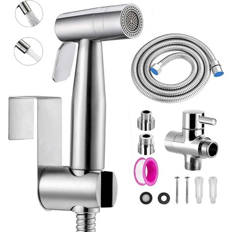 Kit doccetta bidet per WC, getto a doppia funzione, facile da installare, doccetta per l'igiene personale quotidiana, set di tubo flessibile a parete (argento) (1/5)