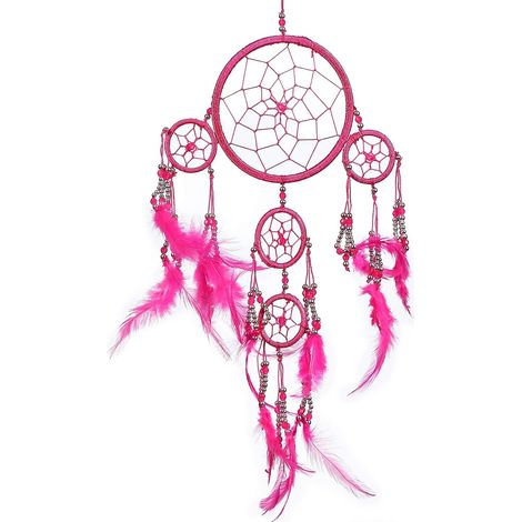 Petit Attrape Rêve Fuchsia Marque - Dreamcatcher Indien à Perles Argent & à Plumes Fait Main - Capteur de Rêves et Artisanal - 12 cm de Diamètre, 35 cm de Longueur (1/5)