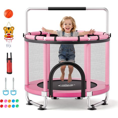 Trampoline pour Enfants 142 cm Mini-trampoline Charge 60 kg Rose, Pour Tout-petits Intérieur Extérieur, Stable, Rond, Avec Filet de Sécurité, Barre de Gymnastique Réglable et Accessoires (1/5)