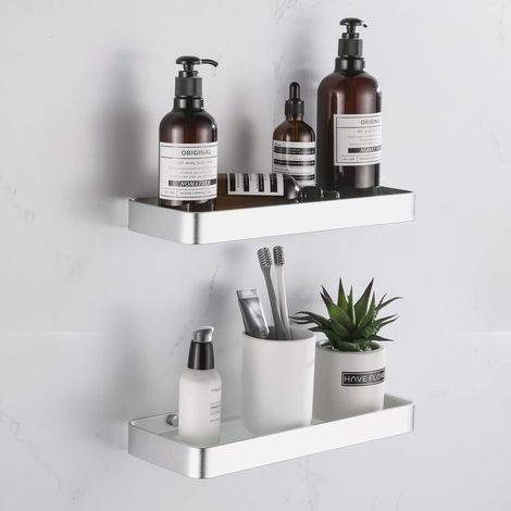 Lot de 2 Étagère Douche Sans Percage Aluminium Verre Trempé 30cm Rangement Salle de Bain Cuisine