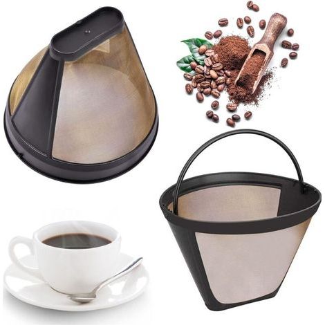 Lot de 2 filtres à café réutilisables, filtre permanent, compatible avec la plupart des cafetières, 100 mesh, acier inoxydable 304, avec poignée, 12 cm (doré) (1/5)