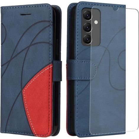 Verre trempé+Coque pour Samsung Galaxy A14 4G/5G Case,Etui PU Cuir Portefeuille Housse et Magnétique Flip Pochettet (Bleu et rouge)