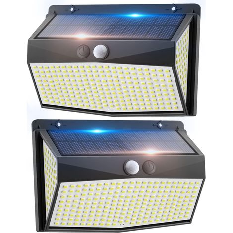 Lot de 2 projecteurs solaires d'extérieur à 318 LED avec détecteur de mouvement, 600 lm, 6 500 K, étanches IP67, 3 modes d'éclairage, grand angle de 270 °, éclairage mural de sécurité (1/5)