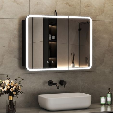 80x60 cm Spiegelschrank Bad mit Beleuchtung Schwarz LED Spiegelschrank Badspiegel Schwarz mit Beleuchtung Badezimmerschrank mit Spiegel Medizin Kabinett Hängeschränke mit 3 Einstellbare Lichtfarben, B (1/5)