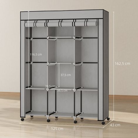 Armoire textile grise, meuble de rangement 8 étagères et 2 penderies, placard pliable, organisation dressing, étagère métallique, solution gain de place. (1/5)