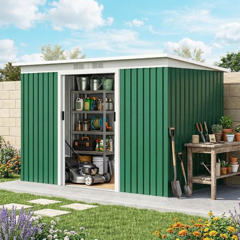 Abri de jardin 213 x 130 x 172 cm, en métal, vert olive, idéal pour ranger vos outils d'extérieur. (1/5)
