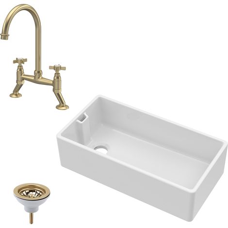 Fireclay Kitchen Bundle 1 Bowl Belfast Sink with Strainer Waste & Bridge Crosshead Mixer Tap, 895mm Brushed Brass (1/5)