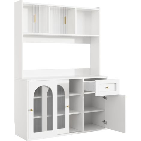 Credenza alta da cucina bianca 120 x 35 x 167 cm con luci LED, ante in vetro e ripiani regolabili (1/5)