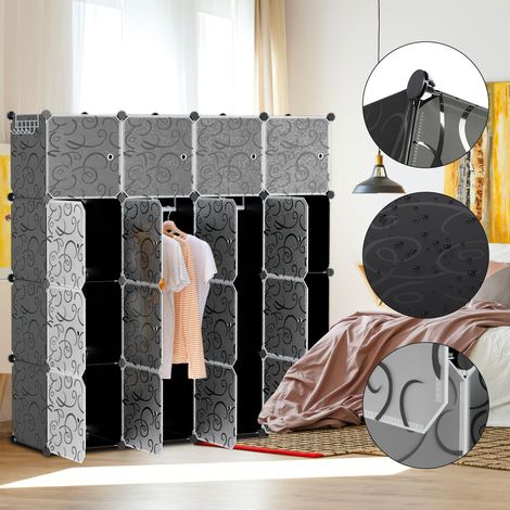 Wolketon Armoire Penderie Étagère de Rangement Meuble Système d'étagères avec Porte pour Vêtements Chaussures Jouets Accessoires - 16 Cubes