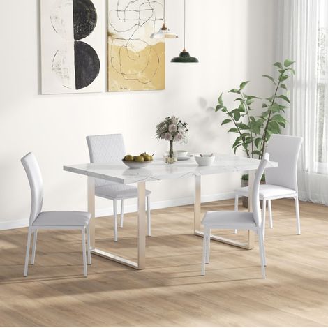 Sedia da pranzo imbottita in pelle sintetica bianca, schienale alto, struttura in metallo, 41 x 50 x 91 cm (1/5)