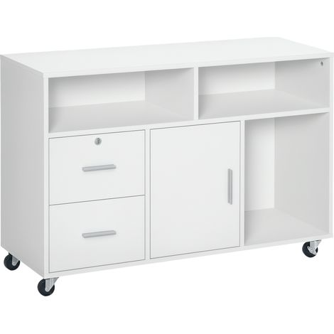 Support pour imprimante mobile sur roulettes avec 2 tiroirs verrouillables, 3 étagères et un placard, idéal pour les documents de bureau et d'étude, 100 x 35 x 65 cm, blanc (1/5)