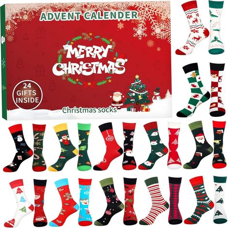 Calendario de Adviento de Navidad de 24 piezas para mayores de 14 años con calcetines surtidos, Calendario de Adviento 2024 con motivos navideños, calendario de Adviento unisex para guardar regalos y  (1/4)
