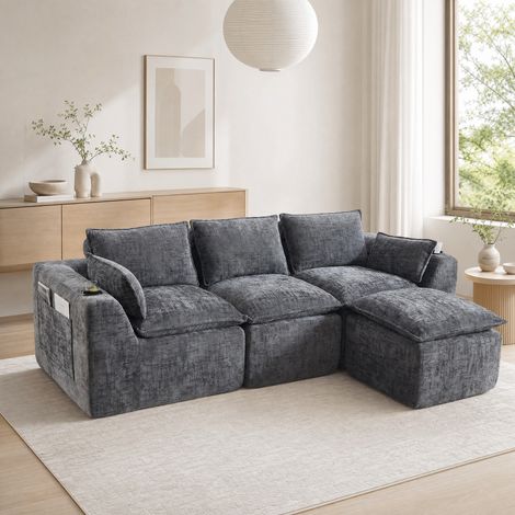 Divano modulare con pouf in chenille grigio scuro OKMYHOME (1/5)