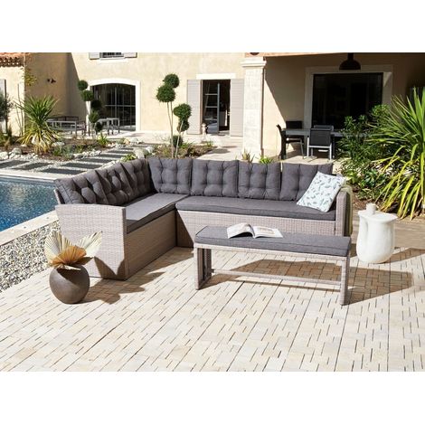 Conjunto de jardín clásico con sofá esquinero y banco de ratán sintético con cojines gris Viterbo (1/5)