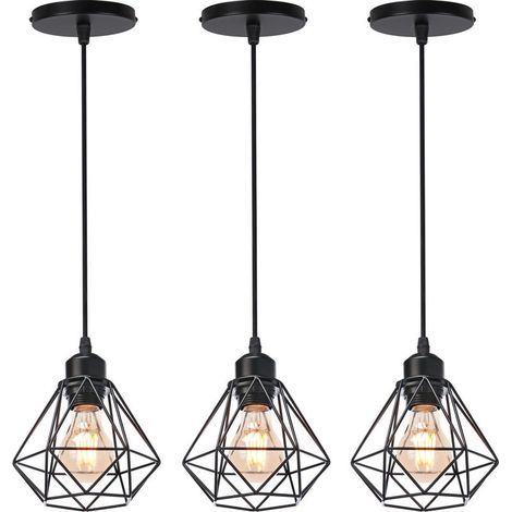 3PCS Plafonnier Rétro Noir Suspension Luminaire Vintage D'Intérieur Suspension Lustre E27 Cage En Métal