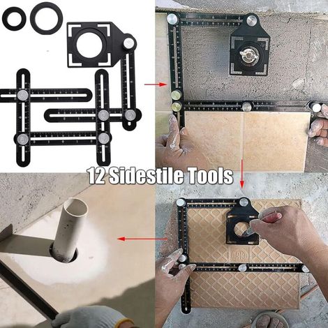 Righello di misurazione per piastrelle multi-angolo - Strumento angolare nero - Stencil angolare in lega di alluminio - 12 strumenti laterali - Adatto per la lavorazione del legno e delle piastrelle i (1/4)