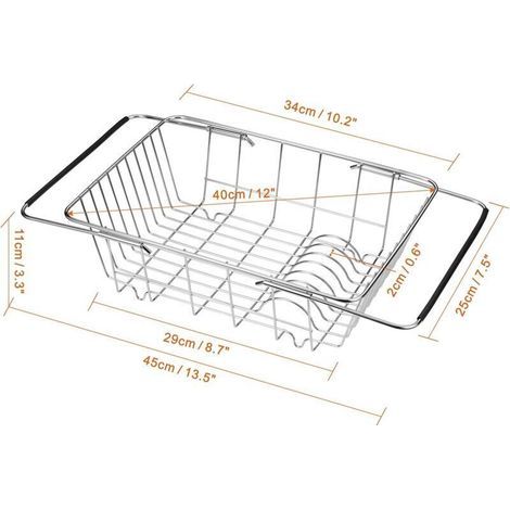 Égouttoir à vaisselle en acier inoxydable, support pour assiettes, panier à linge extensible pour fruits, légumes, casseroles, assiettes et ustensiles de cuisine (filet arqué) (1/2)