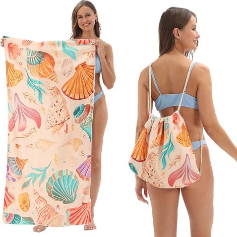 Toalla de playa plegable 2 en 1 con bolsa de almacenamiento integrada - Toalla portátil para piscina - Beige con diseño de conchas marinas (1/5)