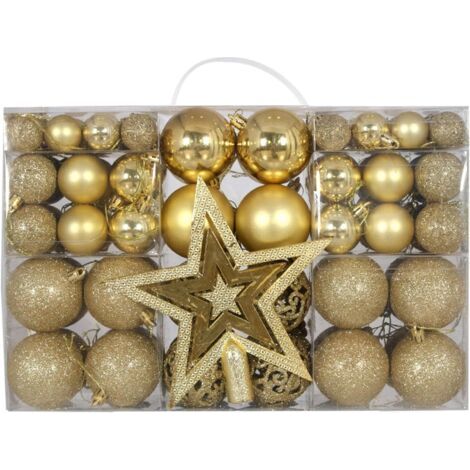 Christbaumschmuck 101er-Pack – Glitzerstern und 100 Kugeln mit Verpackung – Weihnachtsdekoration für drinnen und draußen – Klimmzugstangen aus Kunststoff – Gold – Größe (1/4)