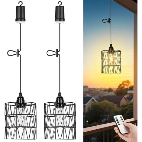 2x Suspension Luminaire Extérieur avec Pile et Télécommande, Luminaire Extérieur Suspension LED Pile, Sans Fil, IP65 Etanche, E27