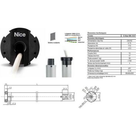 Moteur Era Star M Ø45mm,filaire 15Nm 17Rpm,max 28kg,fin course électronique NICE (1/2)
