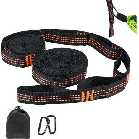 Sangles de hamac réglables - 2 pièces 2m avec mousquetons - Pour hamac et balançoire - Sac de rangement inclus - Orange (1/5)