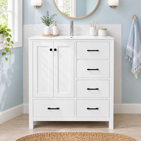 Mobile bagno con lavabo 76 x 46 x 82 cm, 4 cassetti, ripiani regolabili, bianco DESVIAE (1/5)