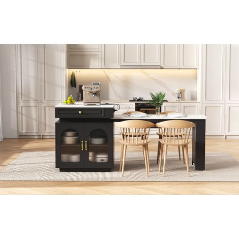 Tavolo allungabile 128x71x92 cm, isola cucina con LED, prese USB e Type-C, MDF e vetro, nero (1/5)