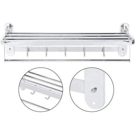 Porte-Serviette Support Salle de Bain Étagère Murale en Acier Inoxydable 304 Pliable avec 2 Couches de Rangement et 5 Crochets (1/4)