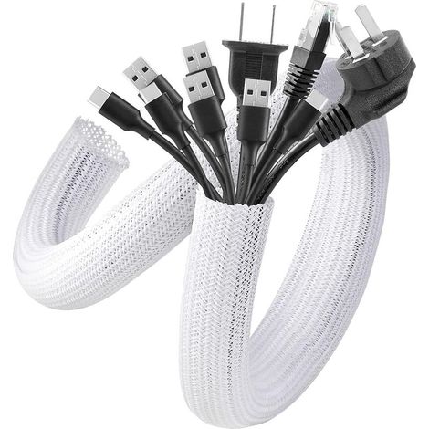 Blanc，de Câble Gaine 2 Mètres 13-23mm Souple Ajustable , Gestion des Câbles Rangement Tressée Fendue en Pet, Protection du Cache-câbles pour Câbles Télé/Ordinateur/USB/Audio/Vidéo (1/5)