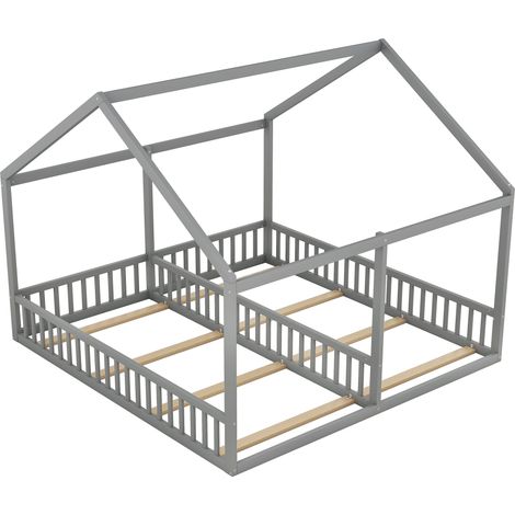 Kinder-Hausbett Doppelbett 90 x 200 cm grau mit Schutzgitter, Kiefernholz und MDF (1/5)