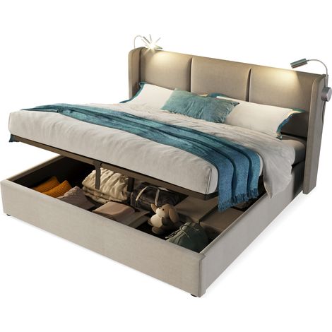Doppelbett mit Bettkasten 140 x 200 cm aus Leinen mit Leselampe und USB, ohne Matratze, Beige (1/5)