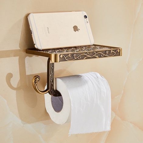 DELKEVIC Porte-papier toilette mural vintage en aluminium – Finition bronze antique – Support 2 en 1 pour papier et objets