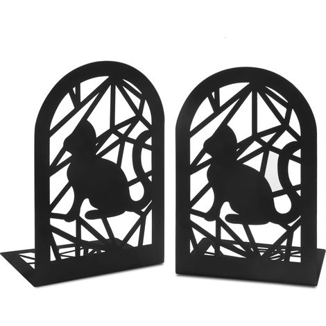 Lot de 2 serre-livres Cat in Window, métal noir avec découpe en vitrail, serre-livres décoratifs pour les amoureux des chats
