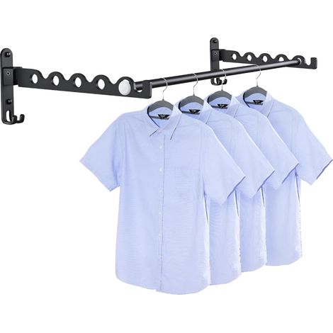 Étendoir mural pliable 90° – Porte-vêtements pour balcon, salle de bain, chambre, hôtel, buanderie – Cintre mural support de séchage avec crochet – Lot de 2 + tige (Noir)