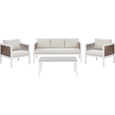 Conjunto de jardín 5 plazas de metal blanco marrón 2 sillones cojines moderno Borello