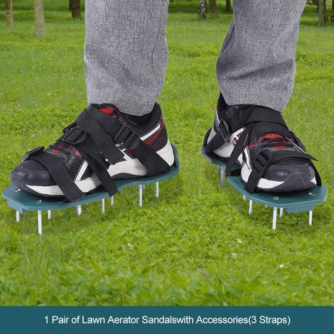 paire de sandales aérateur de pelouse, chaussures à pointes pour aérer le sol, outil de jardinage (3 sangles) (1/5)