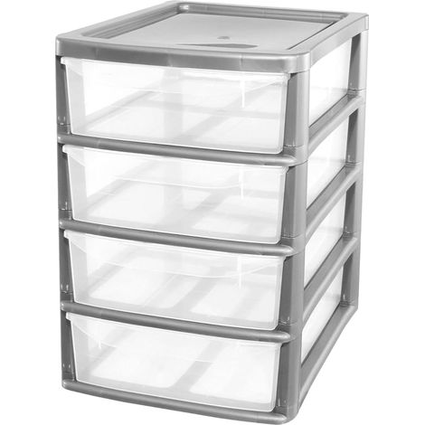 1 x Silver A4 Desktop Plastic Storage Drawers Table Top Organiser 4 Pull Out Drawers